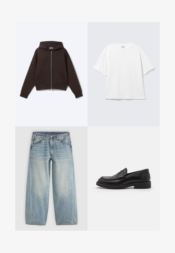 Sort lynlås-hoodie med forlommer og hætte, lagt fladt på en hvid baggrund.; Hvid oversized t-shirt med korte ærmer og rund halsudskæring med sænkede skuldre, fladt lagt på lys grå baggrund.; Lyseblå viddebenede cowboybukser med forlommer, bæltestropper, knaplukning og subtil falmning på lårene mod en ensfarvet baggrund.; Sorte læder loafers med en rund tå, tonale syninger og en stropdetalje foran. Gummisål med en lav hæl.