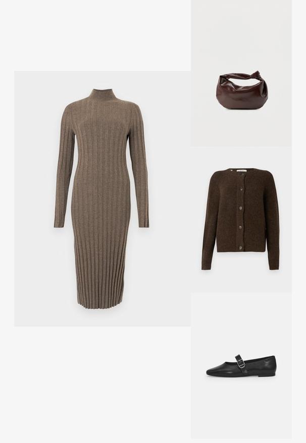 Brun strikket cardigan lavet af blødt materiale, med rund halsudskæring, forreste knapper og lange ærmer. Struktureret finish hele vejen igennem.; Brun ribstrikket midi-kjole med lange ærmer og høj hals, figursyet silhuet, vist på en neutral baggrund.; Sorte læder flade sko med rund tå, et enkelt justerbart spænde og en glat, blank overflade. Minimalistisk design med en lav hæl.; Mørkebrun læder skuldertaske med en blød, afslappet form og et snoet knudehåndtag på en ensartet hvid baggrund.