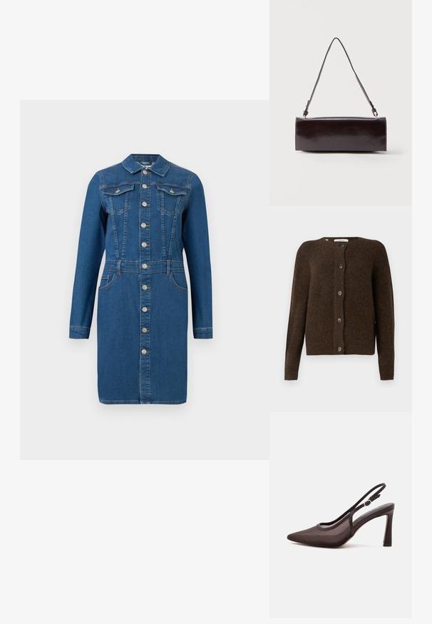 Bruine gebreide cardigan van zachte stof, met een ronde halslijn, knopen aan de voorkant en lange mouwen. Geproduceerd met een gestructureerde afwerking.; Blauwe denim jurk met lange mouwen, kraag, voorzijde met knoopsluiting, borst- en heupzakken, en taille met stikdetails.; Zwarte high-heel slingback schoen met spitse neus en verstelbare gespsluiting op een witte achtergrond.; Rechthoekige zwarte leren handtas met een enkele lange schouderband en een glanzende afwerking, weergegeven tegen een effen witte achtergrond.