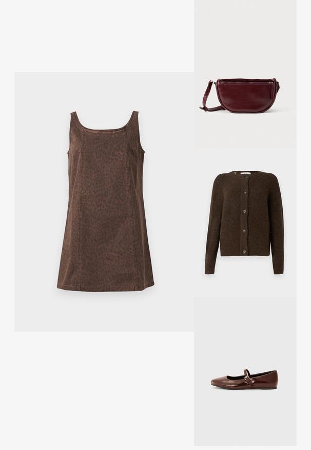 Brun strikket cardigan lavet af blødt materiale, med rund halsudskæring, forreste knapper og lange ærmer. Struktureret finish hele vejen igennem.; Brun ærmeløs top med leopardmønster, lavet af blødt stof med en glat tekstur og subtile syningsdetaljer.; Brun patentlæder balletflade med firkantet tå og strop med en lille guldbuckle. Glat tekstur, lav hæl og minimalistisk design.; Vinrød læderhåndtaske med halvmåneform, lynlås og aftagelig rem. Glat tekstur med en subtil glans.