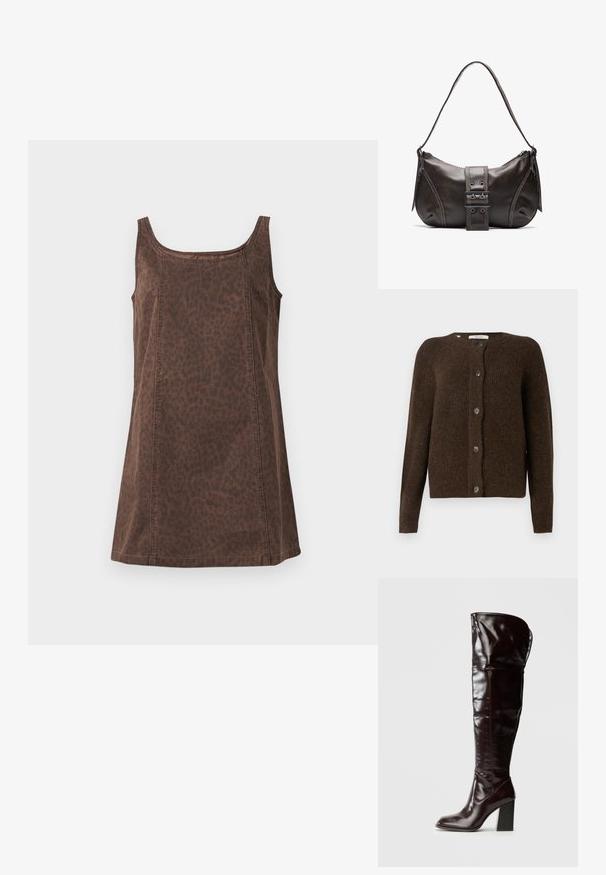 Brauner gestrickter Cardigan aus weichem Material, mit Rundhalsausschnitt, vorderen Knöpfen und langen Ärmeln. Strukturierte Oberfläche im gesamten Design.; Braun ärmelloses Oberteil mit Leopardenmuster, aus weichem Stoff mit glatter Textur und dezenten Nähten.; Kniehohe, glänzende Stiefel aus burgunderfarbenem Leder mit quadratischer Spitze und Blockabsatz, mit einem lässigen Design und minimalen Nähten.; Braune Lederumhängetasche mit gebogener Form, die mit einem auffälligen Schnallendetail, kontrastierenden Nähten und einem einzigen Schulterriemen ausgestattet ist.