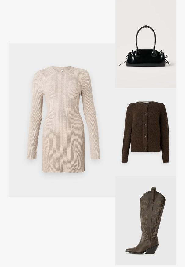 Cárdigan marrón de punto hecho de material suave, con cuello redondo, botones en la parte delantera y mangas largas. Acabado texturizado en toda la prenda.; Vestido suéter de punto acanalado beige, de manga larga, con cintura ajustada y cuello redondo sobre un fondo blanco.; Bota de vaquero de cuero marrón con puntera afilada, tacón en cuña y bordado decorativo. Presenta un caña alta y una lengüeta de agarre.; Pequeño bolso negro brillante con dos asas largas y detalles de cordón lateral sobre un fondo claro liso.