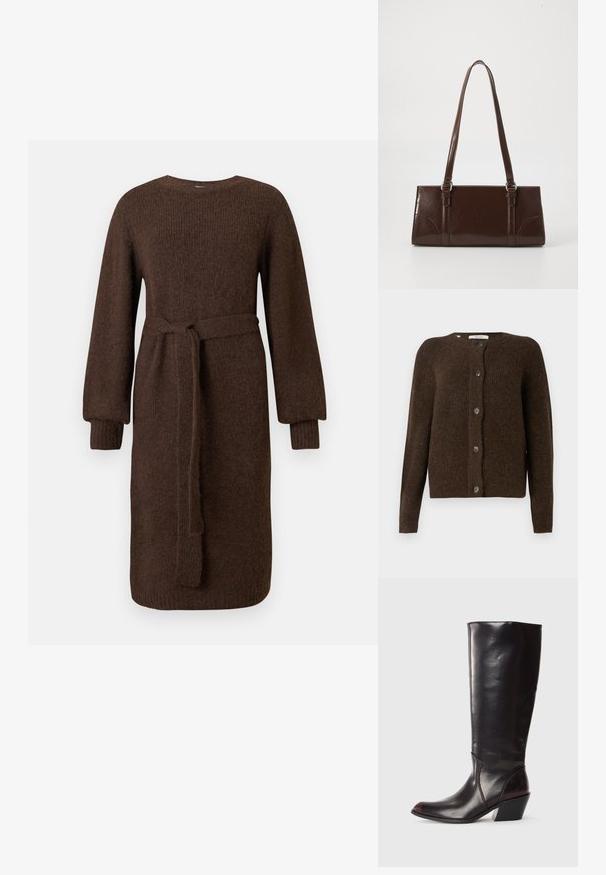 Brun strikket cardigan lavet af blødt materiale, med rund halsudskæring, forreste knapper og lange ærmer. Struktureret finish hele vejen igennem.; Langærmet brun strikkjole med ribbede manchetter og aftageligt livbånd, knælang, enkel rund halsudskæring.; Knæhøj, mørkebrun læderstøvle med spids tå, vinkelret blokhæl og en glat, blank overflade. Har et enkelt design og syningsdetaljer.; Brun lakeret håndtaske med rektangulær form, to lange håndtag og subtile buede detaljer på fronten.