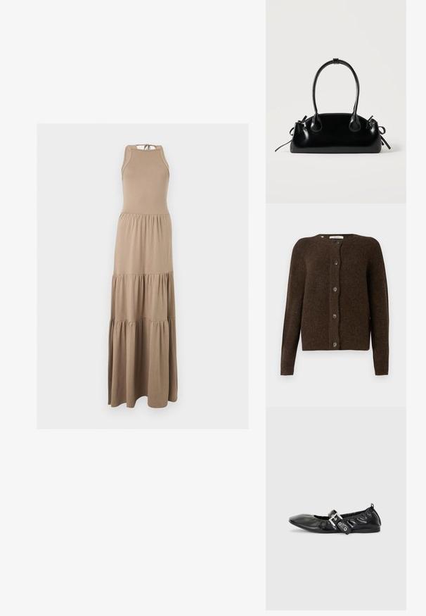 Brun strikket cardigan lavet af blødt materiale, med rund halsudskæring, forreste knapper og lange ærmer. Struktureret finish hele vejen igennem.; Ærmeløs beige maxi kjole med halterneck og trelags samlet nederdel, vist på en ensfarvet baggrund.; Sorte læder flade sko med spids tå, samling detaljer omkring åbningen, og en sølv spænde accent på den justerbare rem.; Lille sort blank håndtaske med to lange håndtag og snøre-detaljer i siden på en ensfarvet lys baggrund.