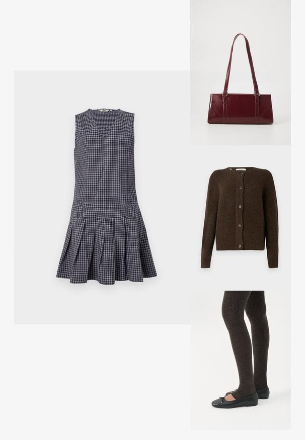 Brun strikket cardigan lavet af blødt materiale, med rund halsudskæring, forreste knapper og lange ærmer. Struktureret finish hele vejen igennem.; Marineblå ternet kjole med V-hals, ærmeløst design, plisseret nederdel og struktureret talje. Fremstillet af letvægtsstof.; Ben iført mørke ribbede leggings kombineret med sorte balletsko med små sløjfedetaljer på hvid baggrund.; Bordeaux håndtaske lavet af glansfuldt materiale, rektangulær form, med to skulderremme og subtile buede detaljer på forsiden.