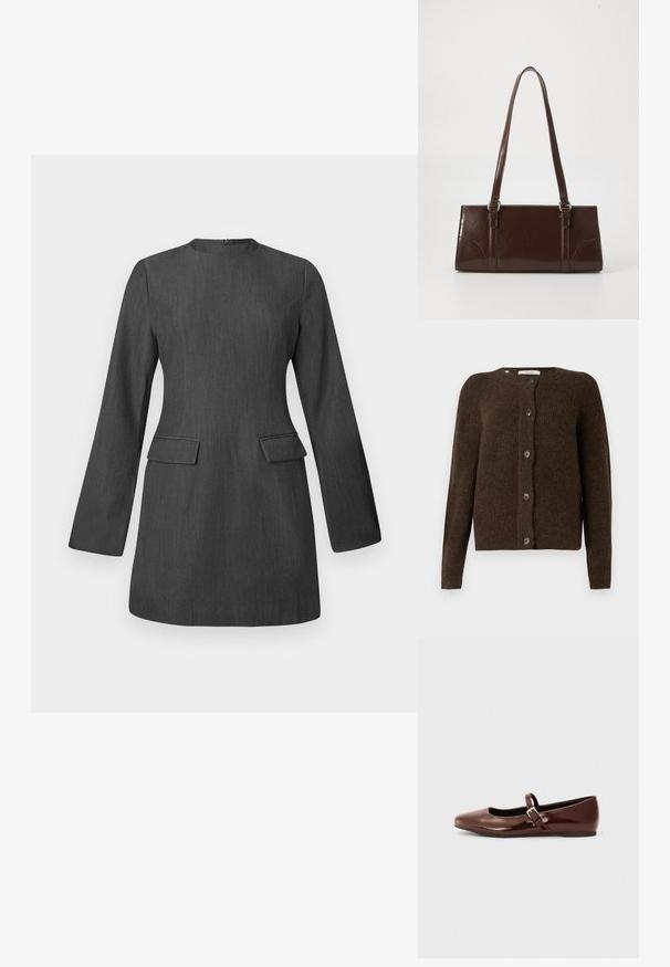 Brun strikket cardigan lavet af blødt materiale, med rund halsudskæring, forreste knapper og lange ærmer. Struktureret finish hele vejen igennem.; Grå skræddersyet kjole med lange ærmer, rund halsudskæring og to forlommer. Fremstillet af tekstureret stof med et slankt, struktureret design.; Brun patentlæder balletflade med firkantet tå og strop med en lille guldbuckle. Glat tekstur, lav hæl og minimalistisk design.; Brun lakeret håndtaske med rektangulær form, to lange håndtag og subtile buede detaljer på fronten.