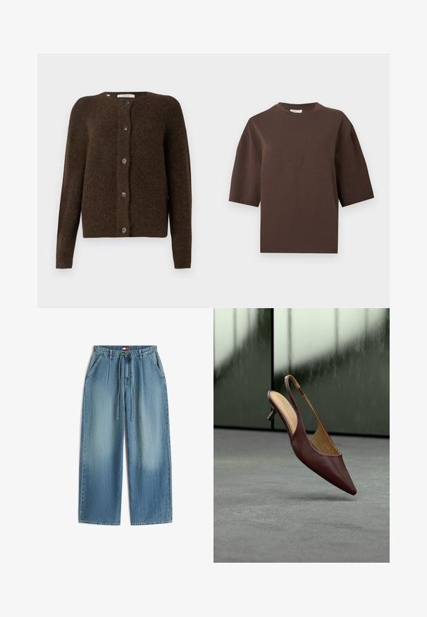 Brun strikket cardigan lavet af blødt materiale, med rund halsudskæring, forreste knapper og lange ærmer. Struktureret finish hele vejen igennem.; Brun oversized kortærmet bomuld T-shirt med rund halsudskæring, vist på en ensfarvet lys grå baggrund.; Lyseblå cowboybukser med vide ben, forreste læg, sidelommer, snøre i taljen og et lille Tommy Hilfiger-logo på linningen.; Mørkebrun læder slingback hæl med spids tå suspenderet over en grå gulv mod en sløret glasvindu baggrund.