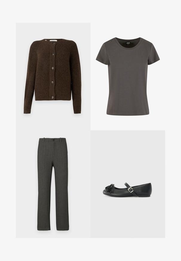 Brun strikket cardigan lavet af blødt materiale, med rund halsudskæring, forreste knapper og lange ærmer. Struktureret finish hele vejen igennem.; Grå bomulds kortærmet t-shirt med rund halsudskæring og en glat tekstur. Har et enkelt design og rene kanter.; Grå bukser med en glat tekstur, design med lige ben og et subtilt ternet mønster. Har knaplukning og bæltestropper.; Sorte læderballetsko med rund tå, der har en dekorativ frynse og en spænde rem på siden. Minimalistisk design og glat tekstur.