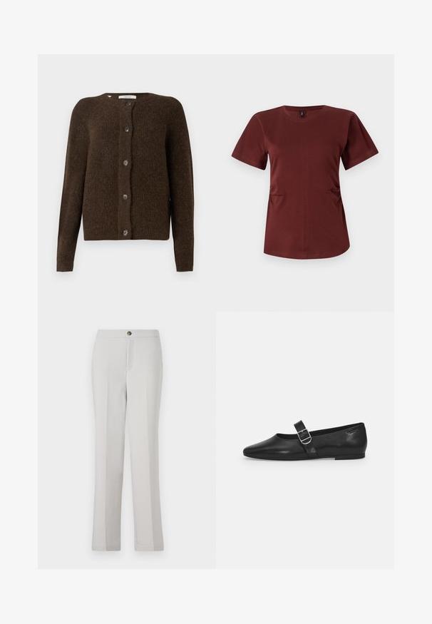Bruine gebreide cardigan van zachte stof, met een ronde halslijn, knopen aan de voorkant en lange mouwen. Geproduceerd met een gestructureerde afwerking.; Bordeaux t-shirt met korte mouwen, gemaakt van zachte katoen. Heeft een ronde halslijn en subtiele zijgathering voor extra vorm. Gladde textuur.; Lichtgrijze rechte broek gemaakt van gladde stof, met een knoopsluiting aan de voorkant, zijzakken en een getailleerde pasvorm.; Zwarte leren platte schoen met een ronde neus, een enkele verstelbare gespsluiting en een gladde, glanzende textuur. Minimalistisch ontwerp met een lage hak.