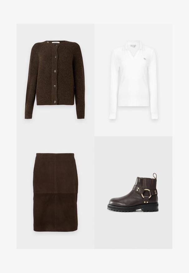 Brun strikket cardigan lavet af blødt materiale, med rund halsudskæring, forreste knapper og lange ærmer. Struktureret finish hele vejen igennem.; Hvid langærmet polo med V-hals og ribbet tekstur, med et lille broderet logo på venstre bryst.; Mørkebrun ruskind blyantskørt med synlige sømdetaljer, knælængde, vist mod en lys baggrund.; Brune læder ankelstøvle med elastiske sidepaneler, guldringe accent og kraftig sort sål. Har brogue-detaljer på overdelen.