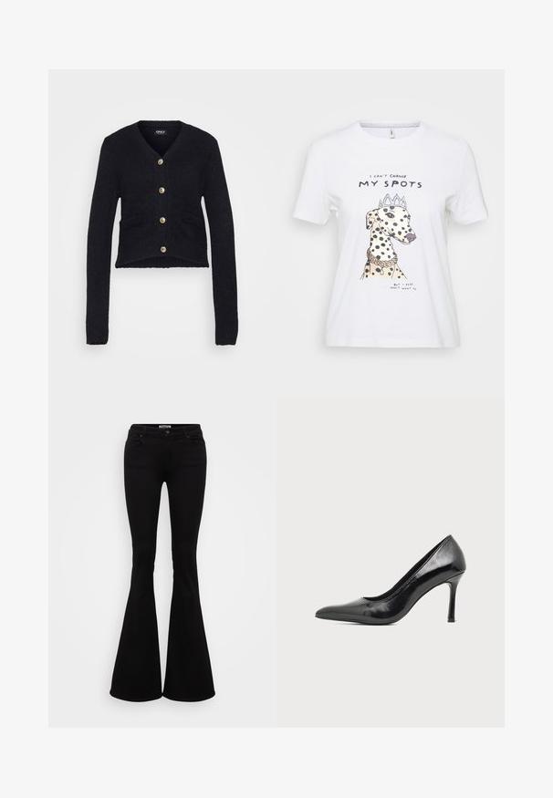Sort cropped cardigan lavet af struktureret strikstof. Har v-hals, lange ærmer og knapper i guldfarve med to frontlommer.; Hvid bomulds t-shirt med en illustreret hund med sorte pletter, iført en krone og halskæde. Teksten siger: "Jeg kan ikke ændre mine pletter."; Sort flare jeans lavet af strækdenim, med en tætsiddende talje, for- og baglommer samt en knaplukning i taljen.; Sort laklæder damestilet med spids tå og slank hæl på en ensartet lys baggrund.