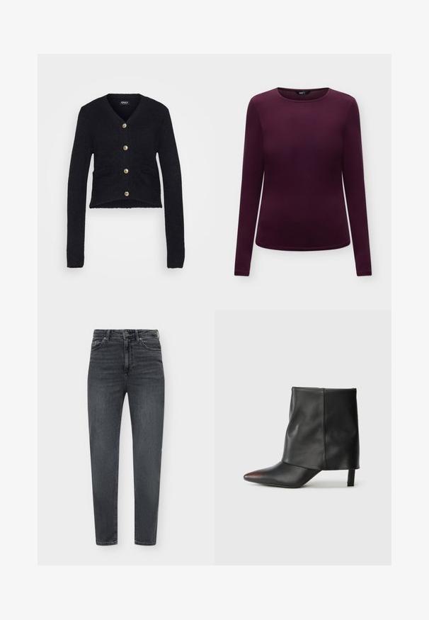 Sort cropped cardigan lavet af struktureret strikstof. Har v-hals, lange ærmer og knapper i guldfarve med to frontlommer.; Langærmet figursyet dameskjorte i mørkelilla med rund halsudskæring på ensfarvet lyst baggrund.; Mørkegrå højtaljede slim fit jeans med forreste knap, lynlås lukning og fem-lomme design på en ensfarvet lys baggrund.; Sort ankelstøvle lavet af glat læder med spids tå og tilspidset hæl. Overdelen har et let rynket design.