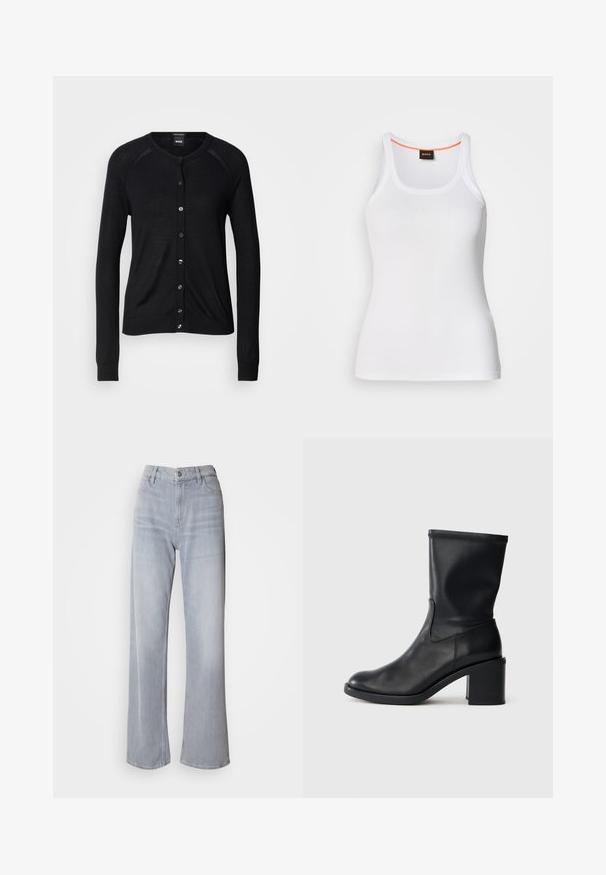 Cárdigan negro con cuello redondo, mangas largas, cierre de botones y una textura suave; incluye botones en tono plata y puños acanalados.; Camiseta de tirantes blanca acanalada con un escote redondo, que presenta un diseño de tiras estrechas y un acento naranja a lo largo del borde interior del escote. Logotipo de la marca visible.; Jeans de pernera ancha en gris claro, con cintura alta, hechos de denim. Presentan bolsillos frontales, cremallera y un leve desvanecimiento por toda la prenda.; Botín negro de cuero hasta el tobillo con punta redonda, textura suave y tacón grueso, que presenta un eje ajustado y un sutil detalle de costura.