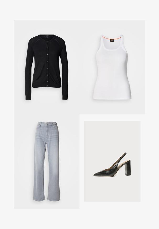 Sort cardigan med rund halsudskæring, lange ærmer, knaplukning og en glat tekstur; inkluderer sølvfarvede knapper og ribbede manchetter.; Hvid ribstrikket tanktop med rund halsudskæring, der har et smalt stropdesign og en orange detalje langs den indvendige halskant. Brandlogo vist.; Lys grå vidde jeans med høj talje, lavet af denim. Har forlommer, lynlås og subtil falmen over det hele.; Sort læder kvindesko med slingback, spids tå og tyk blokhøj hæl på hvid baggrund.