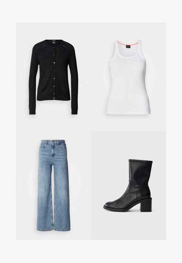 Sort cardigan med rund halsudskæring, lange ærmer, knaplukning og en glat tekstur; inkluderer sølvfarvede knapper og ribbede manchetter.; Hvid ribstrikket tanktop med rund halsudskæring, der har et smalt stropdesign og en orange detalje langs den indvendige halskant. Brandlogo vist.; Lyseblå jeans med vide ben lavet af denim, med høj talje, fem-lomme-design og rå kanter. Glat tekstur med en falmet finish.; Sort læder ankelstøvle med rund tå, glat tekstur og en grov hæl, der har et tætsiddende skaft og subtil syning.