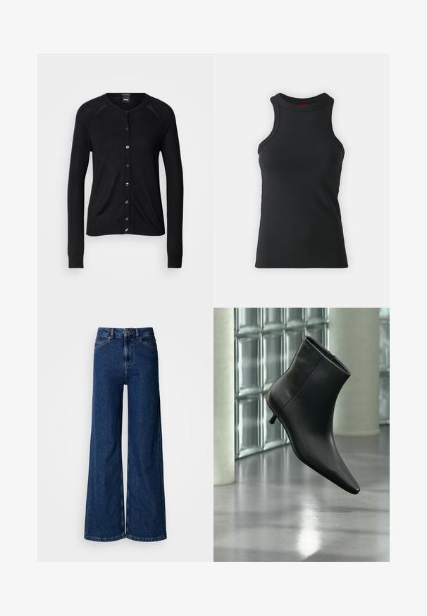 Sort cardigan med rund halsudskæring, lange ærmer, knaplukning og en glat tekstur; inkluderer sølvfarvede knapper og ribbede manchetter.; Sort ærmeløs tanktop lavet af strækbart stof. Har en rund hals og en tætsiddende silhuet med minimale syninger.; Vidbenede mørkeblå jeans lavet af denim, med høj talje, klassisk fem-lomme-design og subtile syningsdetaljer langs sømmene.; Sort læderankelstøvle med spids tå og lav kitten-hæ, vist vinklet mod en poleret gulv- og glasblokvæg.