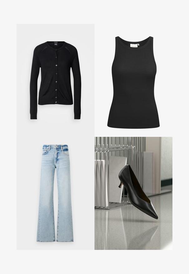Sort cardigan med rund halsudskæring, lange ærmer, knaplukning og en glat tekstur; inkluderer sølvfarvede knapper og ribbede manchetter.; Sort tanktop lavet af ribbet materiale, med en scooped halsudskæring og en tætsiddende form. Flade sømme og ingen udsmykninger. Enkel og strømlinet design.; Lyseblå bredbenede jeans lavet af denim, med en mellemhøj talje, fem lommer og kontrastsyninger med en falmet finish.; Sort læder sko med spids tå og lav hæl, der svæver over en grå plettet gulv, ved siden af en metal filopsamler med mapper.