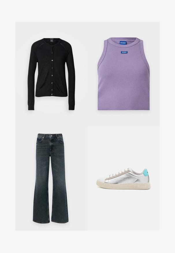 Zwarte cardigan met een ronde hals, lange mouwen, knoopsluiting en een gladde textuur; bevat zilverkleurige knopen en ribgebreide manchetten.; Mouwloze lila geribbelde gebreide tanktop met ronde halslijn en blauw HUGO-logo patch gecentreerd onder de kraag.; Donker gewassen denim flared jeans met een hoge taille, voorzien van vijf zakken, een knoopsluiting en subtiele vervagingdetails op de stof.; BOSS RHYS TENN PUMT - Sneakers laag - silver