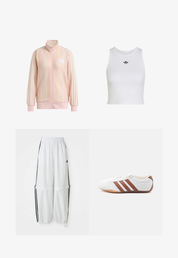 Light pink full-zip jacket with ribbed texture, three white stripes on sleeves, ribbed cuffs and hem, and a small logo patch on the chest.; White sleeveless crop top with round neckline and small black Adidas trefoil logo centered below collar.; White athletic pants with a relaxed fit, elastic waistband, and black side stripes. Features zipper pockets and elastic cuffs at the ankles.; White low-top sneaker with brown leather stripes, lace-up closure, and a gum rubber sole, shown from the inner side on a white background.