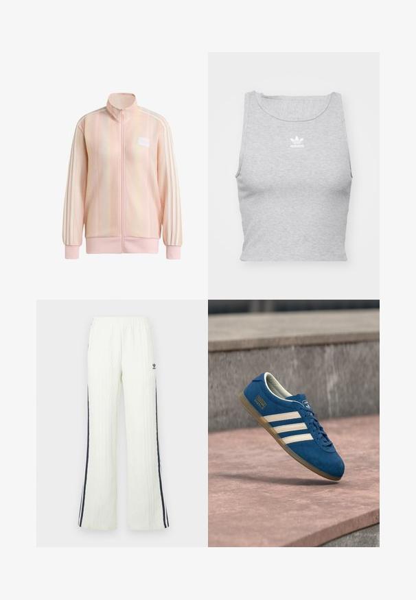 Light pink full-zip jacket with ribbed texture, three white stripes on sleeves, ribbed cuffs and hem, and a small logo patch on the chest.; Grey, sleeveless crop top made of soft fabric, featuring a round neckline and a small white Adidas logo on the chest.; Light cream, cable-knit pants with a flared design. Features dark blue side stripes and an Adidas logo on the hip. Elastic waistband.; Blue suede sneaker with cream stripes and laces, gum rubber sole, textured surface, rounded toe, and branding on the side.