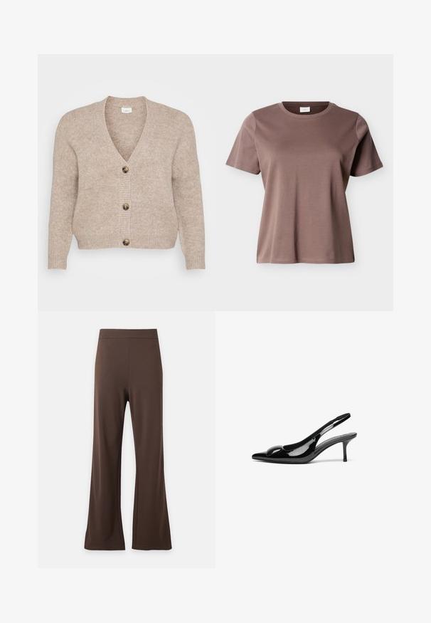 Beige strikket cardigan med V-udskæring, fem brune knapper ned foran og ribstrikkede manchetter. Blød tekstur med en afslappet pasform.; Kortærmet, rundhalset T-shirt i mauve-brun bomuld med en løs pasform vist mod en ensfarvet lys baggrund.; Brune lige bukser med høj talje og ingen synlige knapper eller lynlåse på en ensartet lys baggrund.; Sorte laklæder slingback hæle med spidse tæer og en blank finish. Har en slank hæl og en rund detalje ved vampen.