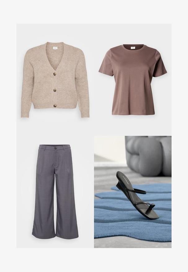 Cárdigan de punto beige con escote en V, cinco botones marrones en el delantero y puños acanalados. Textura suave con un ajuste relajado.; Camiseta de algodón de manga corta y cuello redondo color marrón malva con un ajuste holgado, mostrada sobre un fondo claro y liso.; Pantalones grises de pierna ancha hechos de una tela suave, con cierre de botón en el frente, pliegues y un ajuste relajado hasta el tobillo.; Sandalia negra con tiras y lazo para el dedo en una alfombra texturizada azul, con un gran objeto decorativo gris desenfocado en el fondo.
