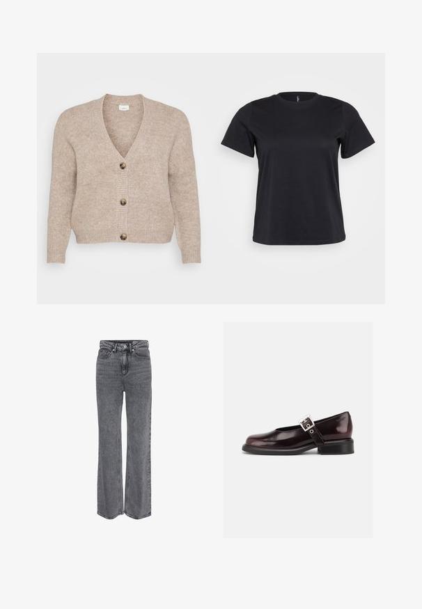 Cárdigan de punto beige con escote en V, cinco botones marrones en el delantero y puños acanalados. Textura suave con un ajuste relajado.; Camiseta de algodón negro de manga corta, con cuello redondo, corte holgado y textura suave. Sin gráficos ni patrones visibles.; Vaqueros de mezclilla gris de tiro alto y pierna recta, con cierre frontal de botón y cremallera, y diseño clásico de cinco bolsillos.; Zapato único Mary Jane brillante de color burdeos oscuro con correa ancha y hebilla plateada, tacón bloque bajo y punta redondeada sobre fondo blanco.