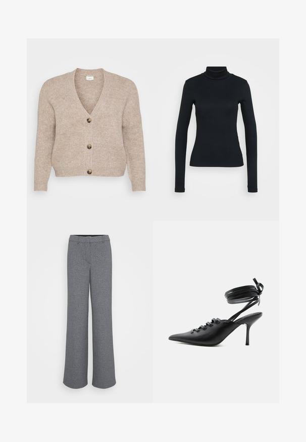 Beige neulejakku, jossa on V-pääntie, viisi ruskeaa nappia edessä ja ribbireunukset. Pehmeä rakenne ja rento malli.; Musta pitkähihaisen ribbitekstuurin turtleneck-paita, jossa on istuva leikkaus, vaalean yksinkertaisen taustan päällä.; Harmaat leveät housut, jotka on valmistettu teksturoidusta kankaasta. Niissä on etutasku, vyölenkit ja istuva vyötärö.; Musta, kärjest terävä korkeakorkoinen kenkä, jossa edessä nyörit ja nilkkaremmit, jotka kiertyvät nilkan ympärille ja on solmittu rusetiksi, kuvattuna sivulta valkoisella taustalla.