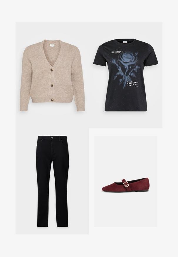 Beige strikket cardigan med V-udskæring, fem brune knapper ned foran og ribstrikkede manchetter. Blød tekstur med en afslappet pasform.; ONLY Carmakoma CARMIKO WASHED SS REG TEE JRS - T-shirts print - black; Sorte bukser med lige ben, forlommer, bæltestropper og knaplukning i taljen på en lys baggrund.; Flad burgundy ruskind Mary Jane-sko med guldspænde og sort sål, vist fra siden på hvid baggrund.