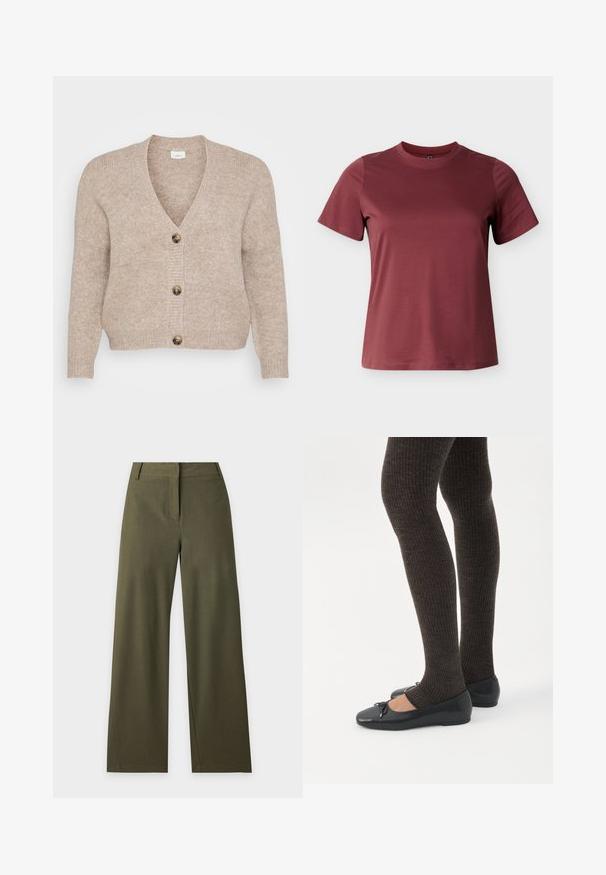 Beige strikket cardigan med V-udskæring, fem brune knapper ned foran og ribstrikkede manchetter. Blød tekstur med en afslappet pasform.; Bourgognefarvet t-shirt med korte ærmer lavet af blød bomuld, med rund halsudskæring og en glat, ensartet tekstur uden synlige mønstre eller accenter.; Mørk olivengrønne bukser med vide ben, høj talje, bæltestropper og skjult forlukning foran på en ensfarvet lys baggrund.; Ben iført mørke ribbede leggings kombineret med sorte balletsko med små sløjfedetaljer på hvid baggrund.