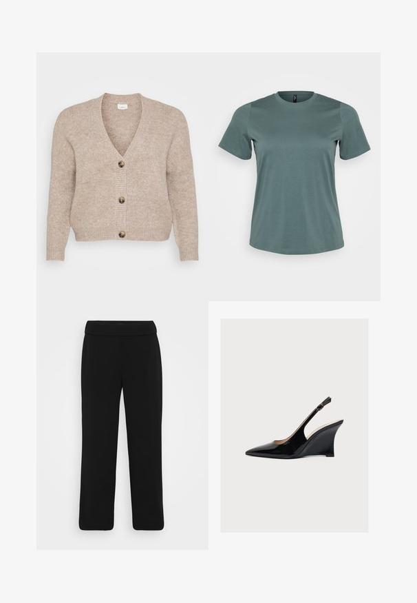 Beige gebreide cardigan met een V-hals, vijf bruine knopen aan de voorkant en geribbelde manchetten. Zachte textuur met een ontspannen pasvorm.; Korte mouwen t-shirt in gedempt groen, ronde halslijn, gemaakt van een zachte katoenmix, met een gladde textuur en een ontspannen pasvorm.; Zwarte wijde pantalons van een gladde stof, met een brede tailleband en zonder zichtbare hardware. Eenvoudig ontwerp, zonder patronen of accenten.; Zwarte lakleren sleehak met slingback, puntige neus en smalle verstelbare enkelriem met gesp.