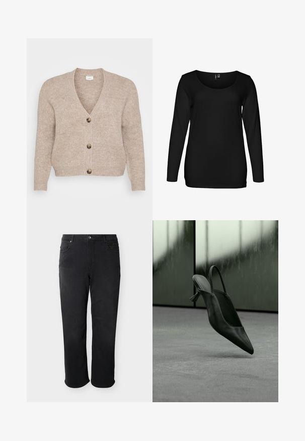 Beige strikket cardigan med V-udskæring, fem brune knapper ned foran og ribstrikkede manchetter. Blød tekstur med en afslappet pasform.; Sort langærmet t-shirt lavet af et glat, let stof. Har en rund halsudskæring og en figursyet pasform.; Sorte jeans med lige ben, bæltestropper, knaplukning samt for- og baglommer, vist mod en hvid baggrund.; Sort læder slingback højhælet sko med spids tå svævende over gråt tæppe, sløret grønlig væg i baggrunden.