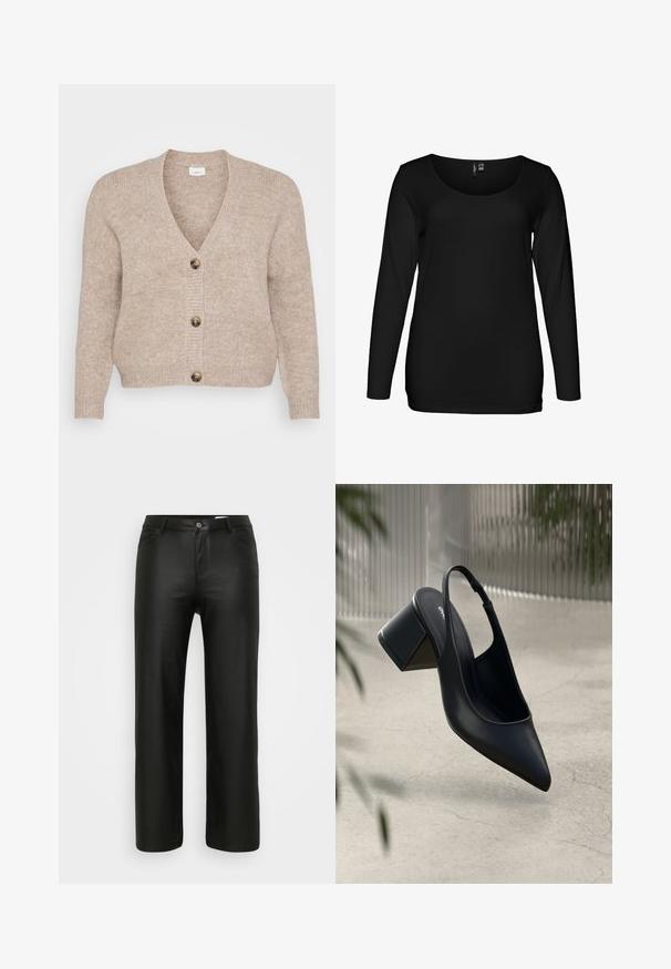 Beige strikket cardigan med V-udskæring, fem brune knapper ned foran og ribstrikkede manchetter. Blød tekstur med en afslappet pasform.; Sort langærmet t-shirt lavet af et glat, let stof. Har en rund halsudskæring og en figursyet pasform.; Sorte afslappede bukser i et glat, strækbart stof. Har et traditionelt fem-lomme design med lynlås og knaplukning.; Sort læder slingback hæl med spids tå og blokhæl. Glat tekstur, minimalistisk design og justerbar ankelrem.