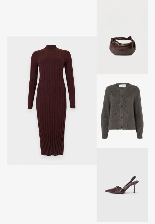 Cardigan en maille gris foncé pour femme avec cinq boutons noirs et manches longues, label Selected Femme.; Robe midi en maille côtelée à manches longues, de couleur brun foncé, avec un col cheminée, une silhouette ajustée et une texture verticale.; Escarpin slingback en cuir verni bordeaux avec bout pointu, fine bride à la cheville et petit détail décoratif de boucle. Texture lisse et talon haut.; Sac bandoulière en cuir marron foncé avec une forme souple et décontractée et une anse nouée torsadée sur un fond blanc uni.