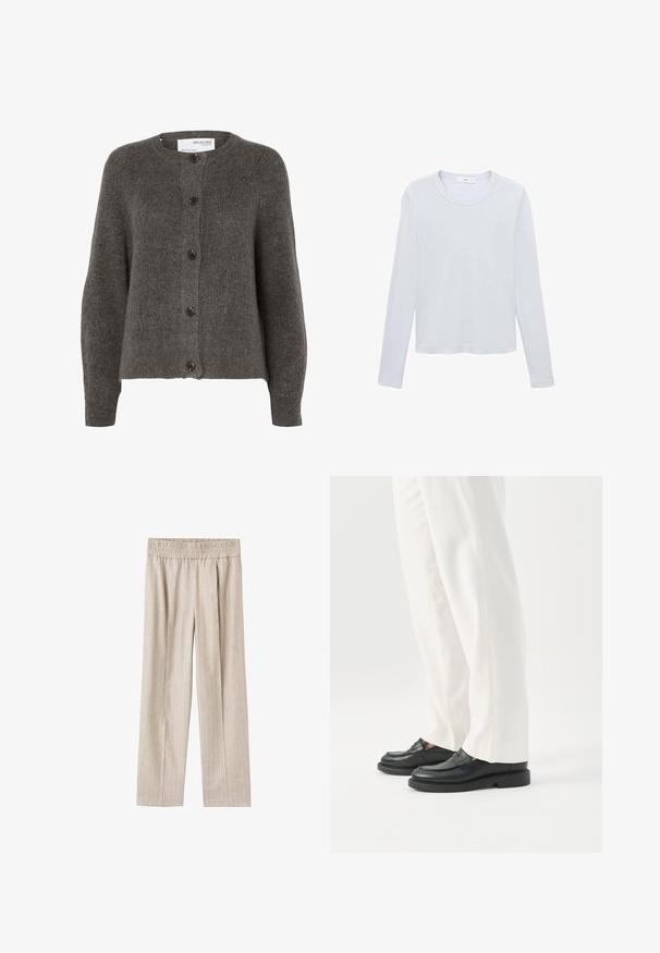 Cardigan en maille gris foncé pour femme avec cinq boutons noirs et manches longues, label Selected Femme.; T-shirt blanc en coton à manches longues avec encolure ronde, ourlet droit et coutures minimales, posé à plat sur fond blanc.; Pantalons larges beige clair en tissu texturé avec des rayures verticales subtiles, dotés d'une taille élastique pour le confort.; Personne portant un pantalon blanc sur mesure et des mocassins en cuir noirs, debout sur un fond blanc.