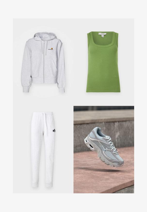 Ανοιχτό γκρι hoodie με φερμουάρ, κατασκευασμένο από μαλακό ύφασμα, με χαλαρή γραμμή, μπροστινές τσέπες και ένα μικρό κεντημένο λογότυπο στο αριστερό στήθος.; Πράσινο ριμπ αμάνικο τοπ με τετράγωνη λαιμόκοψη και ετικέτα Topshop στη μέσα πλευρά του γιακά.; Ανοιχτό γκρι φόρμα από απαλό υλικό, με ελαστική μέση και κορδόνια, καθώς και μαύρο λογότυπο στο αριστερό μπροστινό μέρος.; Ανοιχτό γκρι και λευκό παπούτσι τρεξίματος Nike με πλέγμα και μαλακή σόλα, εμφανιζόμενο στον αέρα μπροστά από φόντο με σκάλες από σκυρόδεμα.