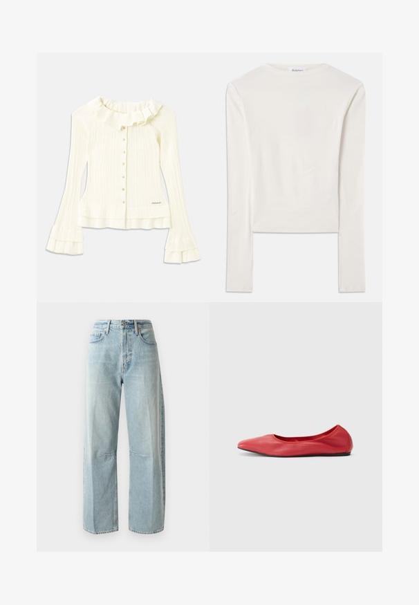 Hvid ribbet bluse med rynket halsudskæring, lange flagrende ærmer og pyntelige knapper foran; har en diskret logo-detail i kanten.; Hvid langærmet top lavet af bomuld, med en simpel rund hals og en slim fit. Stof er glat med en let stræk.; Lyseblå vide jeans lavet af denim. Har en høj talje, to forlommer og en lige benlængde med let fading i stoffet.; Filippa K REY FLATS - Ballerinasko - bright red