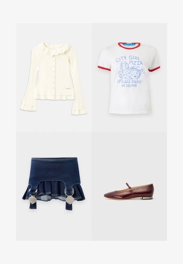Hvid ribbet bluse med rynket halsudskæring, lange flagrende ærmer og pyntelige knapper foran; har en diskret logo-detail i kanten.; Hvid t-shirt med korte ærmer med rød kant, blå tryk af pizza, burger, øl og teksten "CITY GIRL PIZZA DET ER ALT GODT, VI LEVERER."; Denimnederdel med en udvidet bund. Har to justerbare grå spænder, mørkeblå farve og kontrasterende syninger langs kanten.; Bordeaux patentlæder flad sko med en afrundet tå, en rem over vampsen og en lav hæl med metalaccenter. Glat tekstur.