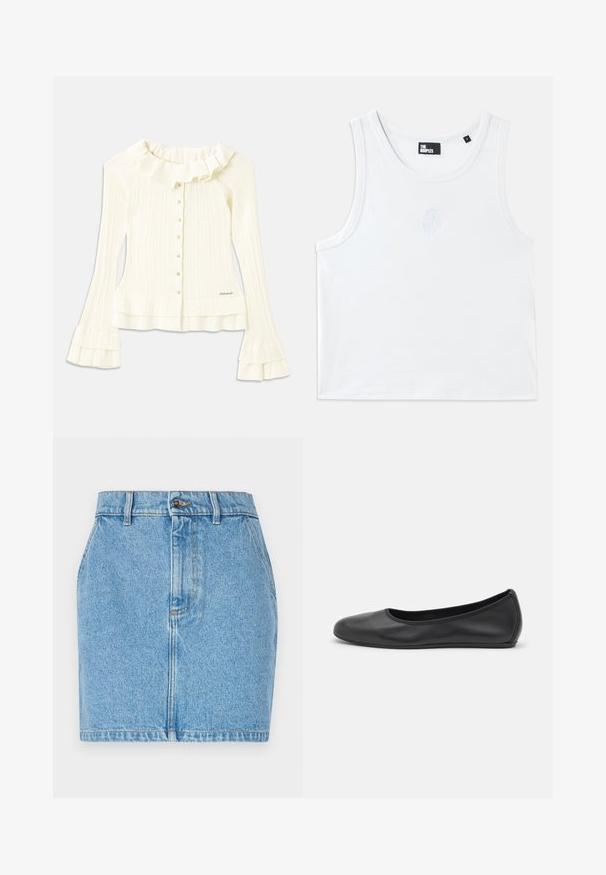 Hvid ribbet bluse med rynket halsudskæring, lange flagrende ærmer og pyntelige knapper foran; har en diskret logo-detail i kanten.; Hvid tanktop lavet af bomuld, med rund halsudskæring, ærmehulder og et lille præget logo i midten foran. Glat tekstur.; Denim nederdel i lys blå med tætsiddende design, fem-lomme stil og kontrastsyning. Materialet har en struktureret overflade.; Sort læderballetsko med rund tå, glat tekstur, minimal syning og et fleksibelt såldesign.