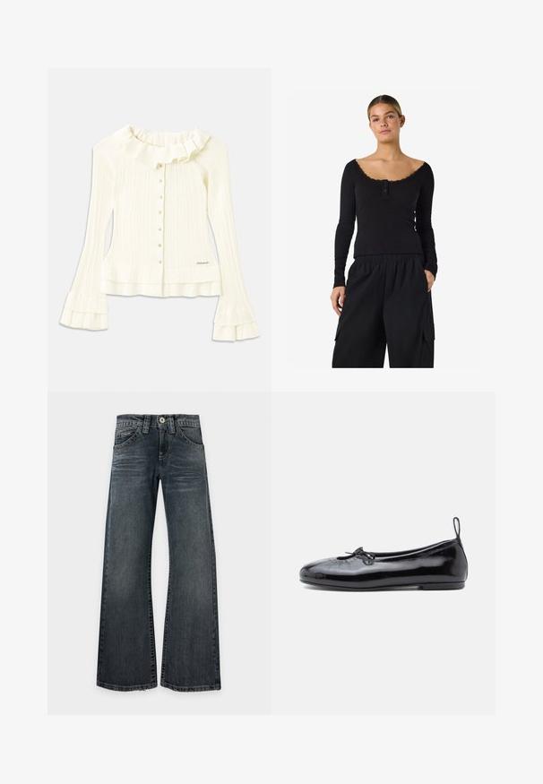 Hvid ribbet bluse med rynket halsudskæring, lange flagrende ærmer og pyntelige knapper foran; har en diskret logo-detail i kanten.; Kvinde iført sort ribbet bluse med lange ærmer, blondekant og knapper, kombineret med løse sorte cargobukser med lommer.; Mørkvaskede jeans med brede ben, let falmede lår, klassisk fem-lomme design og synlige stikninger, lagt fladt på en hvid baggrund.; Sorte patenterede læder ballet flats med rund tå, lille sløjfedetalje og glat tekstur; har en lav flad sål og en træksløjfe ved hælen.