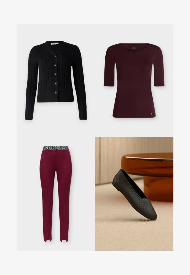 pure cashmere CLASSIC CABLE CARDIGAN - Kardigán - black; Bordové dámske priliehavé tričko s trojštvrťovými rukávmi a okrúhlym výstrihom, zobrazené na obyčajnom bielom pozadí. Bez viditeľných vzorov alebo dizajnov.; Bordové slim-fit nohavice s prednými zárezmi na nohaviciach a elastickým opaskom s leopardím vzorom na jednoliatom pozadí.; Čierna textúrovaná slip-on balerína vznášajúca sa nad béžovým koberecom v blízkosti okrúhlej základne stola farby jantáru.