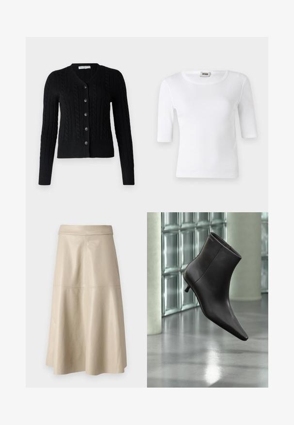 pure cashmere CLASSIC CABLE CARDIGAN - Strickjacke - black; Weißes, geripptes T-Shirt mit rundem Ausschnitt und Ärmeln bis zum Ellbogen. Hergestellt aus einem weichen Material mit glatter Textur. Etikett am Ausschnitt sichtbar.; Beiger, hoch taillierter A-Linien-Lederrock mit sichtbaren Nahtdetails über der Mitte und nahe dem Bund.; Schwarzer Leder-Knöchelstiefel mit spitzer Spitze und kleinem Absatz vor einer Wand aus Glasbausteinen und einem polierten Boden.