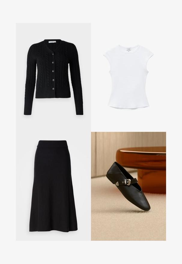pure cashmere CLASSIC CABLE CARDIGAN - Kardigán - black; Biely krátky rukáv rebrovaný bavlnený top s okrúhlym výstrihom a mierne rozšíreným pásom, položený na bielom pozadí.; Čierna pletená sukňa so širokým pásom, v midi dĺžke, hladkej textúre a bez viditeľných vzorov alebo kovových detailov.; Čierna kožená plochá topánka so špicatou špičkou a strieborným prackou na remienku, umiestnená na béžovom koberci pred okrúhlym stolíkom jantarovej farby.