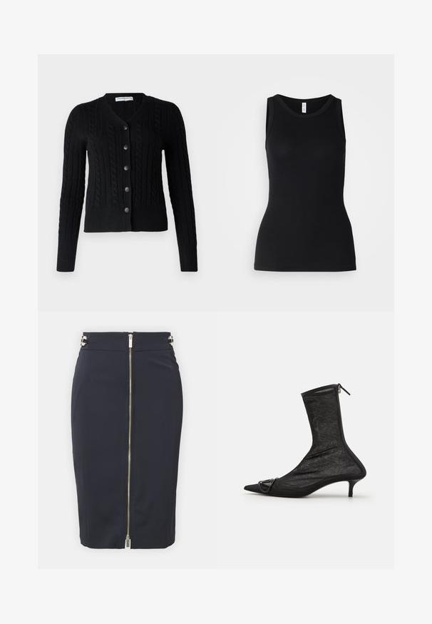 pure cashmere CLASSIC CABLE CARDIGAN - Cardigan - black; Sort ærmeløs tanktop lavet af ribbet stof, med rund halsudskæring og tætsiddende design, med en glat overflade og uden mønstre.; Marinblå blyantskørt i et glat materiale med en lynlås foran, prydet med metalliske detaljer i taljen og en slank, tætsiddende silhuet.; Sorte mesh ankelstøvler med spidse tæer, lynlås og en lille hæl. Har en dekorativ spændeaccent nær tåområdet.