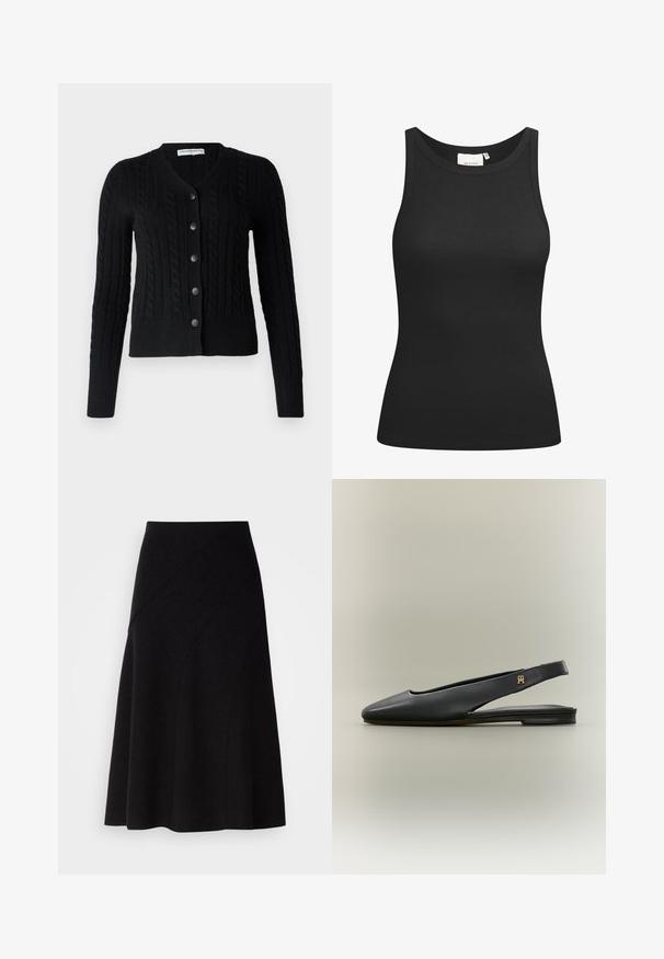 pure cashmere CLASSIC CABLE CARDIGAN - Chaqueta de punto - black; Top negro sin mangas hecho de tela acanalada, con un escote en forma de bote y un ajuste ceñido. Costuras planas y sin adornos. Diseño simple y elegante.; Falda negra de lana en línea A con cintura de media altura, que presenta detalles de costuras diagonales y una textura suave, que cae justo por debajo de la rodilla.; Zapato plano negro de cuero con tira trasera, punta afilada y acento de logo dorado en la tira, mostrado sobre un fondo neutro.