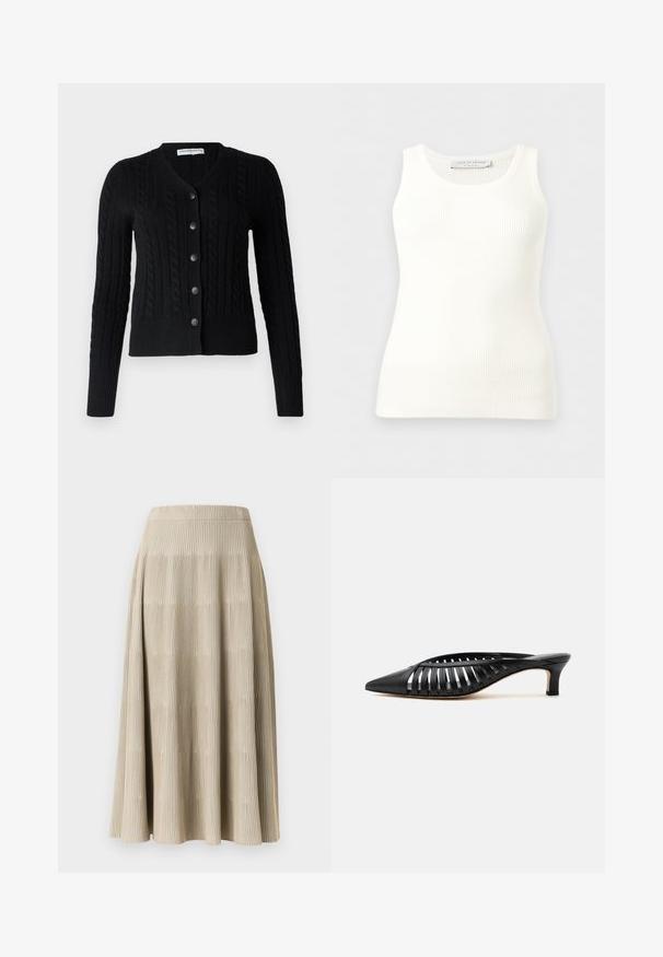 pure cashmere CLASSIC CABLE CARDIGAN - Kardigán - black; Biely bezrukávnik z rebrovaného materiálu s okrúhlym výstrihom, priliehavého strihu a značkovou etiketa vo vnútri na zadnom golieri.; Béžová plisovaná sukňa s textúrovanou látkou. Má vertikálne pruhy a rozšírený strih, končiaci tesne pod kolenom.; Čierne kožené mule s ostrou špičkou, pásikový výrezový dizajn a nízky opätok kitten na bielom pozadí.