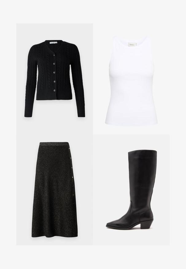pure cashmere CLASSIC CABLE CARDIGAN - Kardigán - black; Biela rebrovaná tielko s okrúhlym výstrihom a bez rukávov. Elastický materiál a priliehavý strih. Ozdobná nášivka na zadnej strane znie "GESTUZ."; Čierna midi sukňa s jemným leskom, so zúženým pásom a radom dekoratívnych gombíkov po boku.; Čierna kožená čižma po stred lýtka s špicatou špičkou a nízkym sklopeným podpätkom na jednoduchom svetlom pozadí.