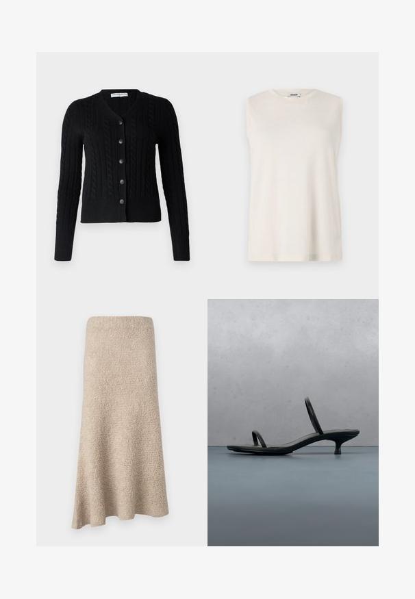 pure cashmere CLASSIC CABLE CARDIGAN - Strickjacke - black; Ärmelloses Oberteil aus leicht beigem Stoff, mit rundem Ausschnitt und entspannter Passform. Glatte Textur ohne Verzierungen oder Muster.; Knielange A-Linien-Rock aus weichem beigen Material mit strukturierter Oberfläche und ohne sichtbare Verschlüsse oder Muster.; Schwarze Calvin Klein Sandalette mit dünnen Riemen und Absatz, balanciert auf Holzfliesen im Freien neben einer Wand und Grünpflanzen.
