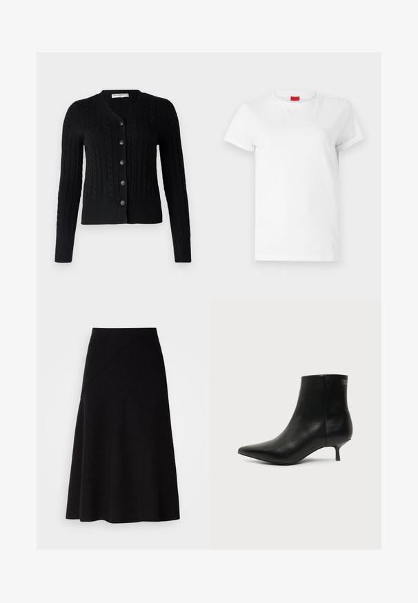 pure cashmere CLASSIC CABLE CARDIGAN - Cardigan - black; Hvid kortærmet t-shirt lavet af letvægts bomuld. Har en rund halsudskæring og rullede ærmer. Rød logoetiket på kraven.; Sort uld A-line nederdel med mellem høj talje, der har diagonale sømdetaljer og en glat tekstur, der falder lige under knæet.; Sort læder ankelstøvle med spids tå og lav kitten hæl på lys baggrund, der viser yderside.