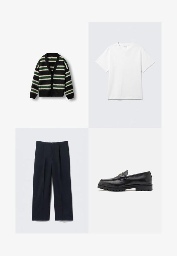 Cardigan noir avec un motif rayé vert et blanc. Fabriqué dans un matériau doux, avec un décolleté en V profond, un bouton de fermeture et des manches longues.; T-shirt blanc à manches courtes et col rond, étalé à plat, design uni, avec l'étiquette "WEEKDAY" à l'intérieur du col sur un fond clair.; Pantalon bleu marine foncé en tissu lisse, avec une coupe ajustée, deux poches avant et une fermeture par bouton.; Mocassins en cuir noir avec une finition lisse, bout rond, une sangle décorative avec des accessoires en or, et une semelle noire robuste.